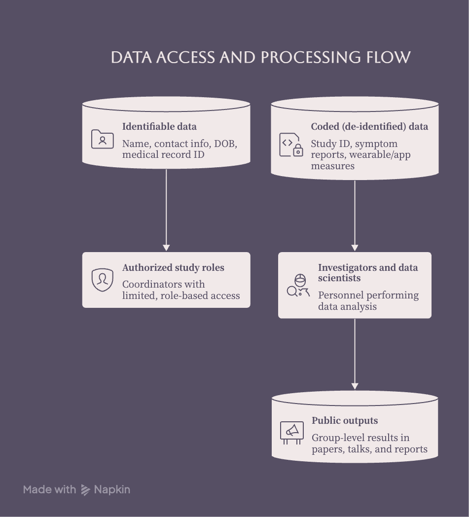Diagram explaining who can see different types of data in a research study, with identifiable information limited to specific study roles and coded, de-identified data used by investigators for group-level analysis and publications