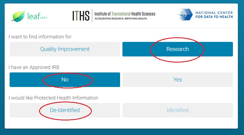 Figure 3: Selection path to access De-Identified Patient Data for Research without an IRB